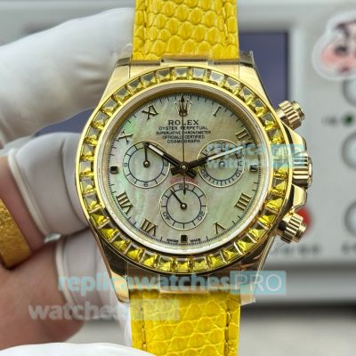 Swiss Replica Rolex Beach Daytona MOP Dial Diamond Bezel Yellow Leather Strap Watch 
